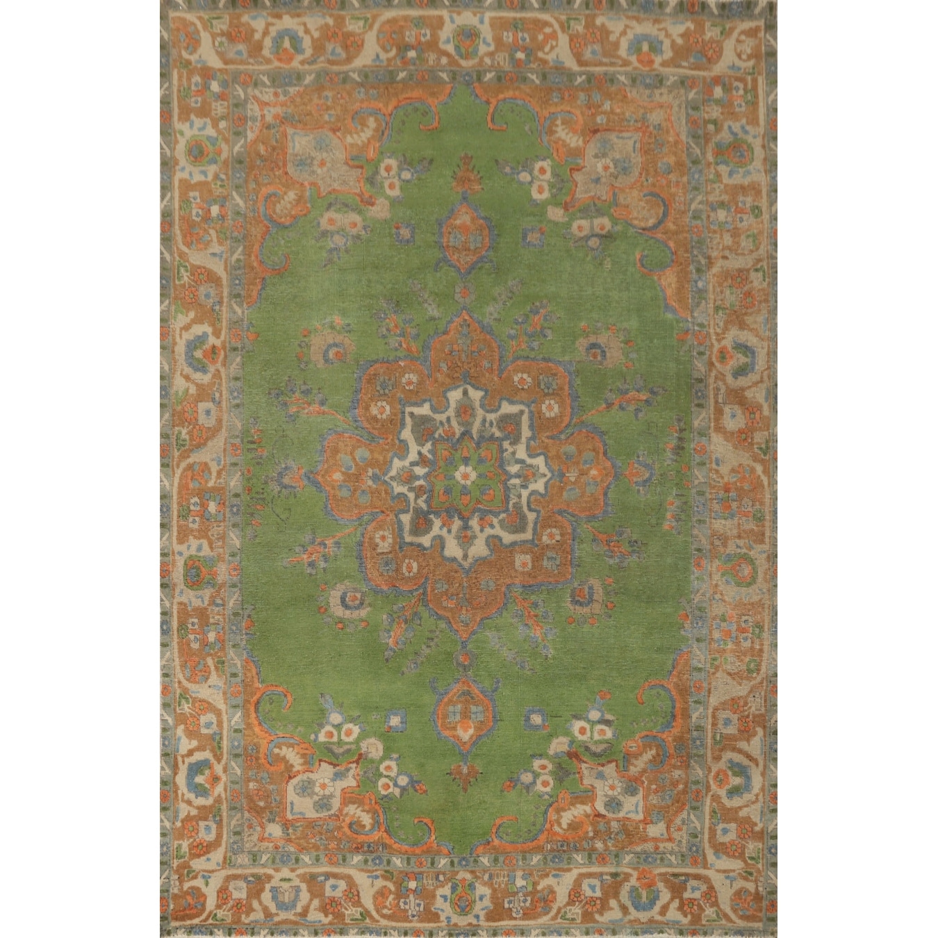 Hand Knotted Oriental 100% Wool Carpet Traditional Floral Green Tabriz Area Rug - 9' 1'' X 6' 8''