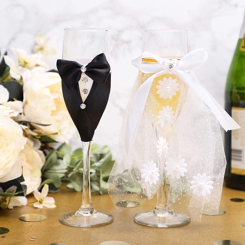 Bride and Groom Champagne Flutes, Wedding Dress Tuxedo Toasting Glasses ...