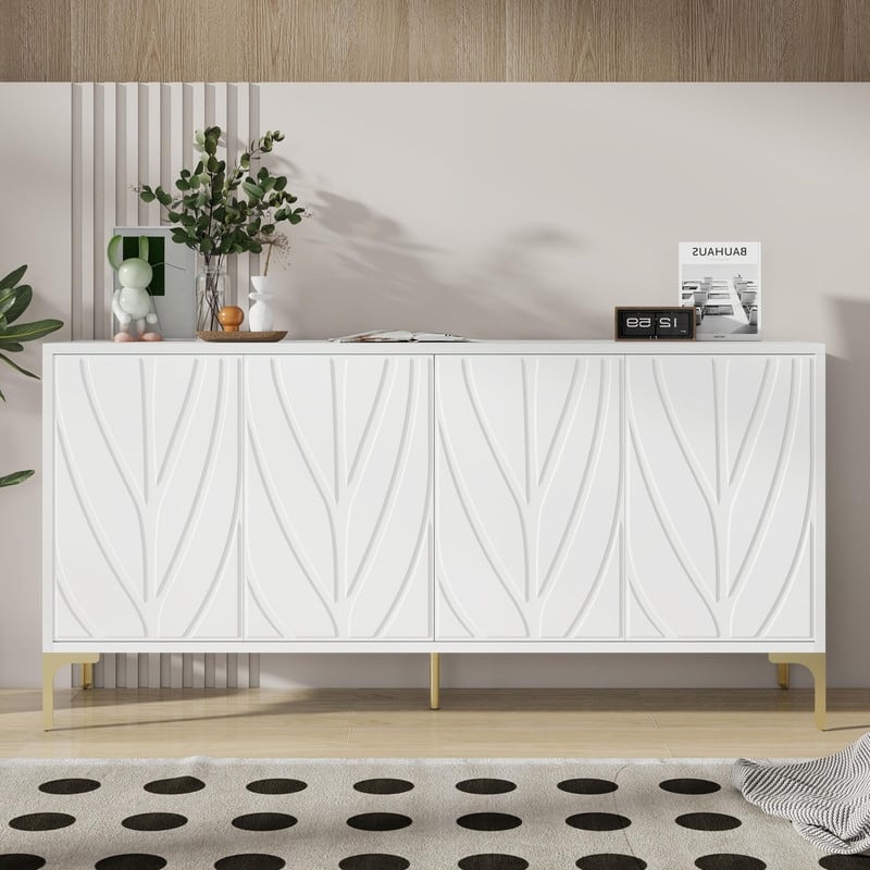 59.84" Carved Sideboard Buffet Cabinet with Press-to-Open Design for Dining Room or Living Room - White