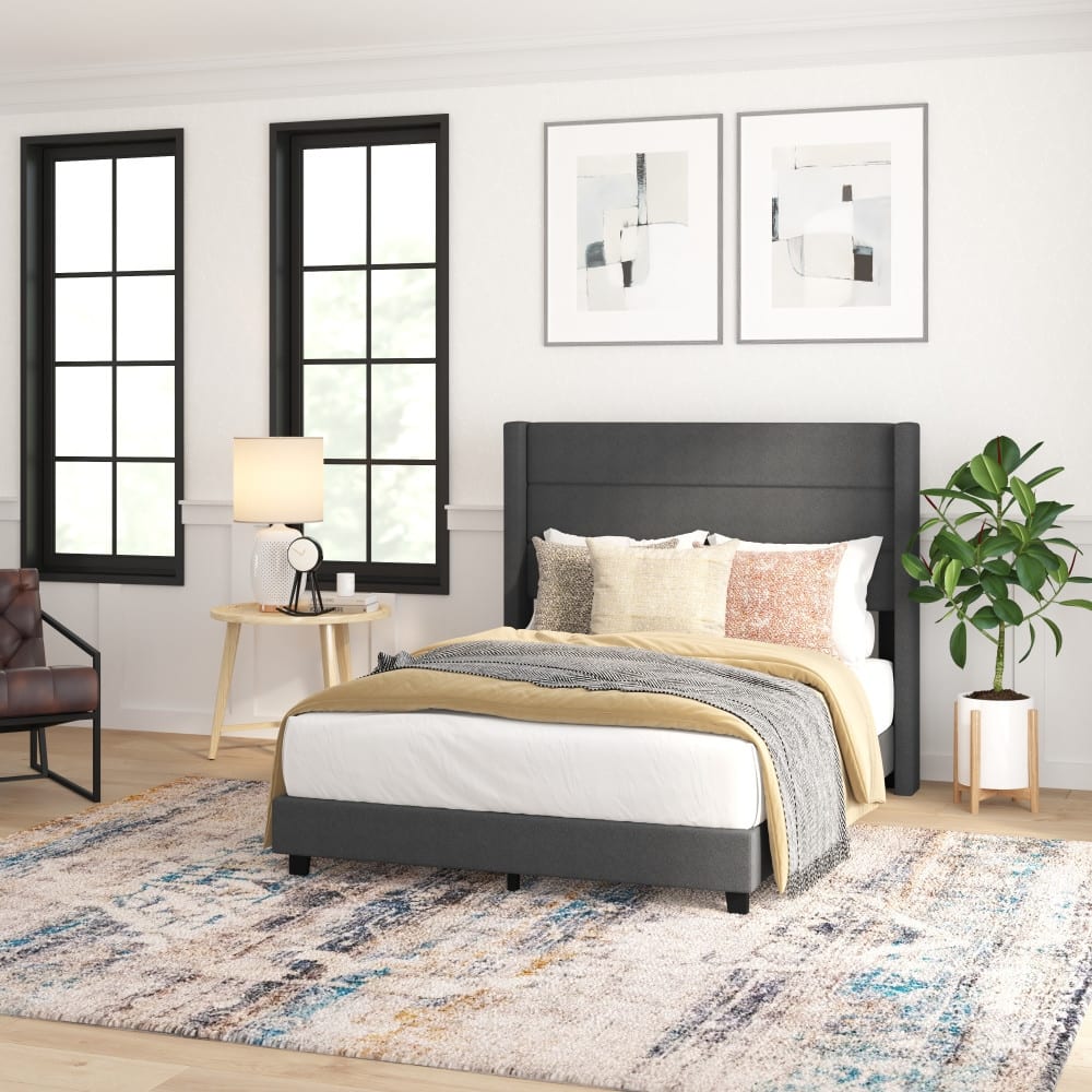 Upholstered Platform Bed with Wingback Headboard