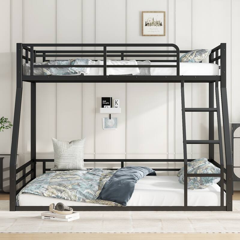 Roomfitters Twin over Full/Queen Metal Floor Bunk Bed Frame, Heavy-Duty Noise-Reduced Design, Black