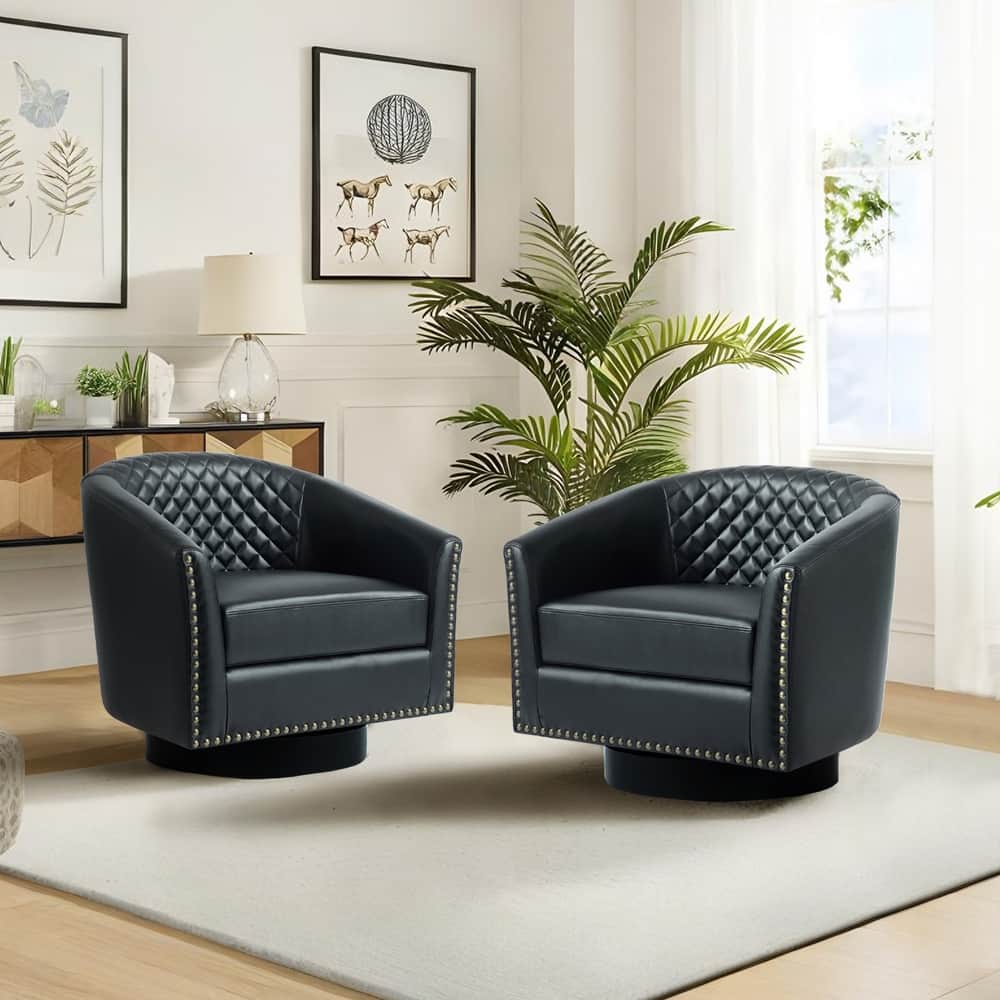 2 Set Modern Vegan Faux Leather Swivel Barrel Accent Chair