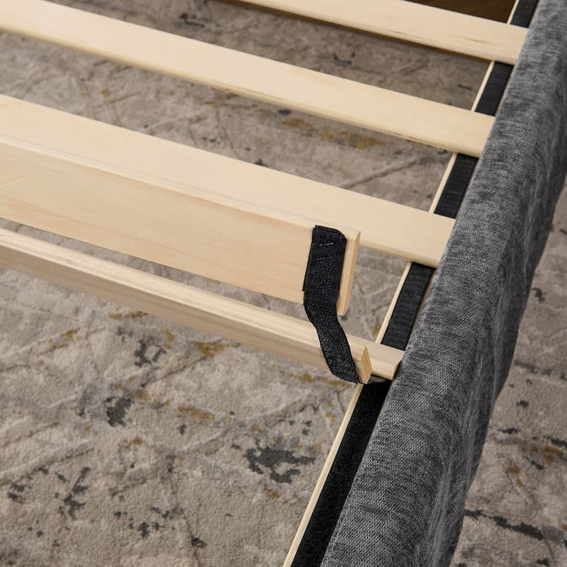 Chenille Upholstered Pleated Platform Bed Frame Wingback Headboard with Side Tables and Adjustable Lamps