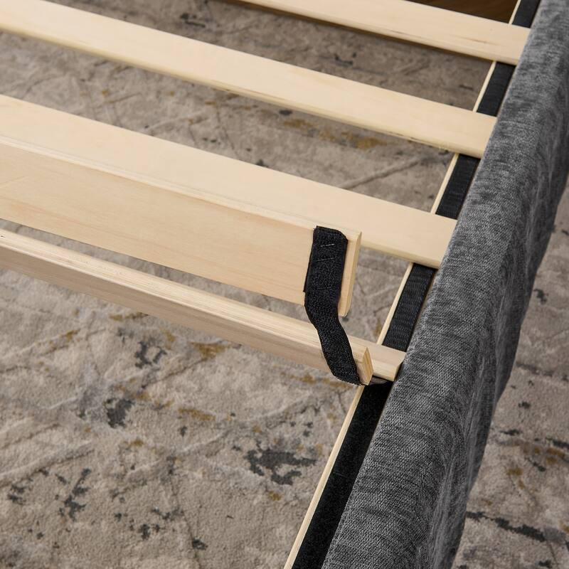 King Size Upholstered Bed Frame with Chenille fabric with pleated design,Grounded King Size Platform Bed