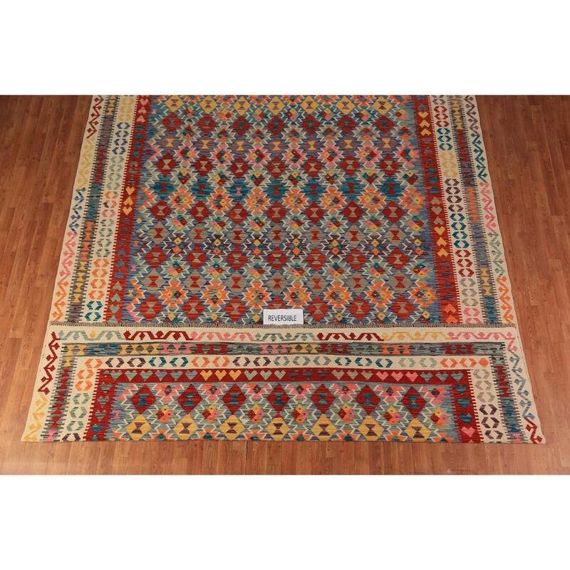 Multi-Color Kilim Oriental Area Rug Flatweave Wool Carpet - 9'9"x 12'11"