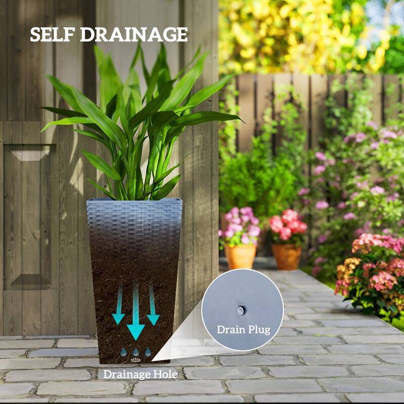 Outsunny Tall Planters for Outdoor Plants Set of 3, 24 In Taper Planters with Drainage Holes, Rattan Decor Plant Pots