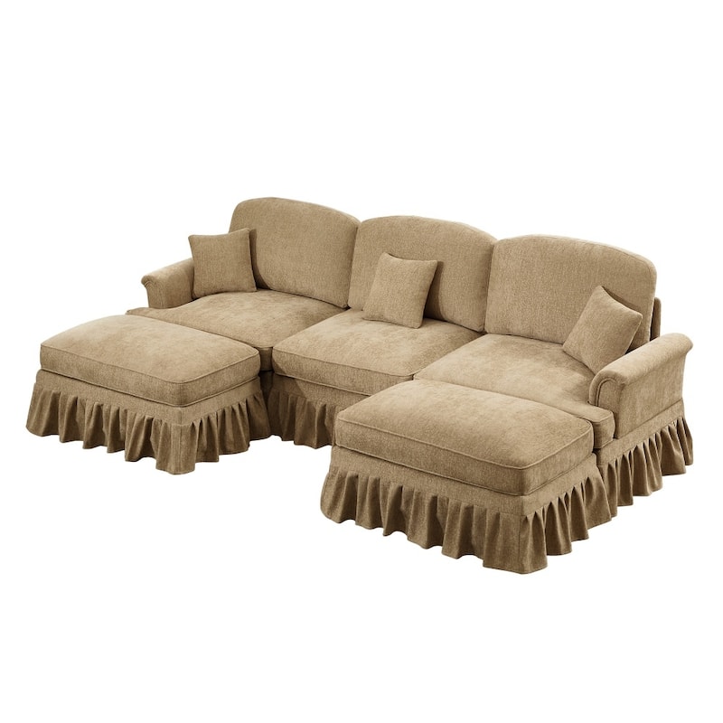 U-shaped Classic Modular Comfy Sectional Sofa with Ottomans & Ruffles Pleats Skirts