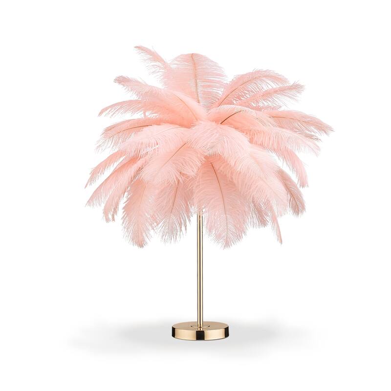 Gold White Feather Tripod Table Lamp With Bulbs - Pink