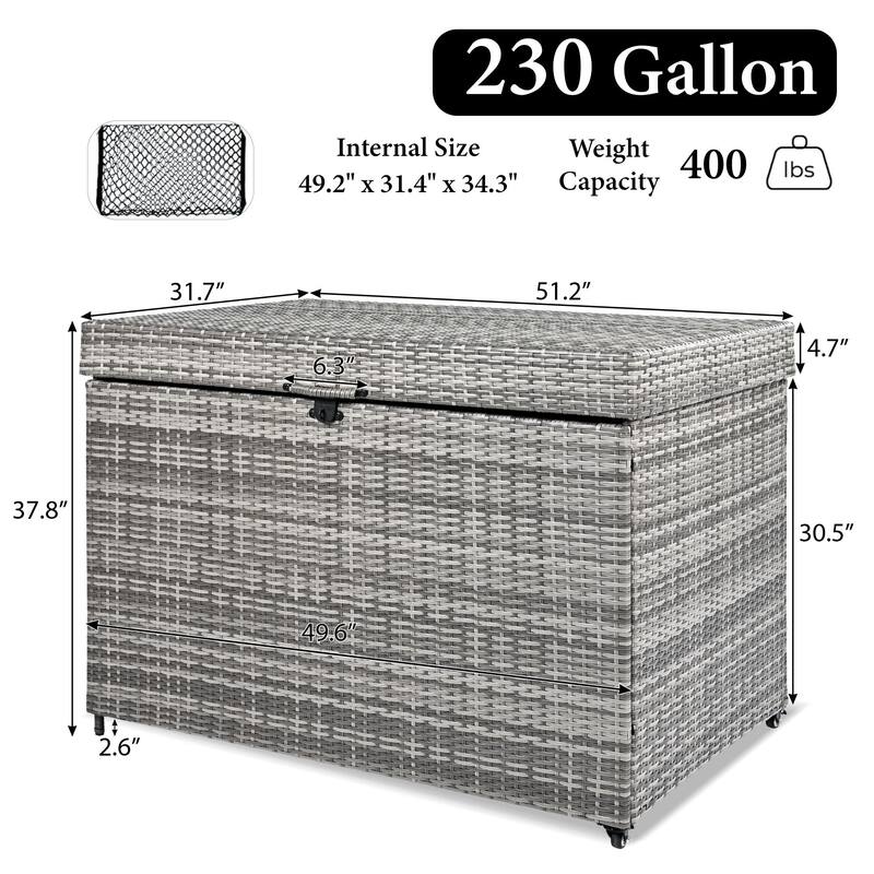 230 Gallon Wicker Deck Box with Wheels,All-Weather Outdoor Storage Box,Rattan Storage Bin - N/A