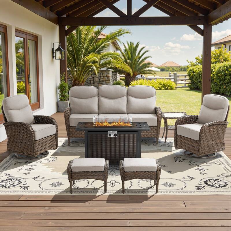 Luna 7-Piece Wicker Outdoor Patio Fire Pit Sofa Set with 6-Inch Thick Cushions - Beige Cushions - Brown Wicker