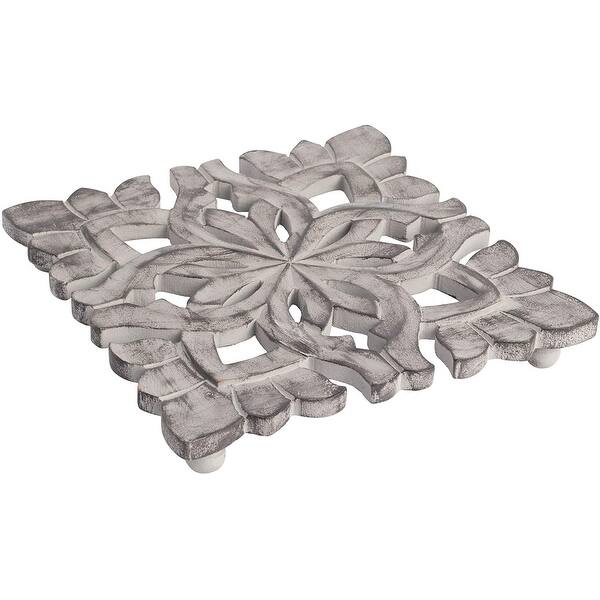 Farmhouse Decor Natural Wood Trivet for Heavy Cast Iron, Dutch Ovens and Teapots - 7" Square - Carved Blossom Grey