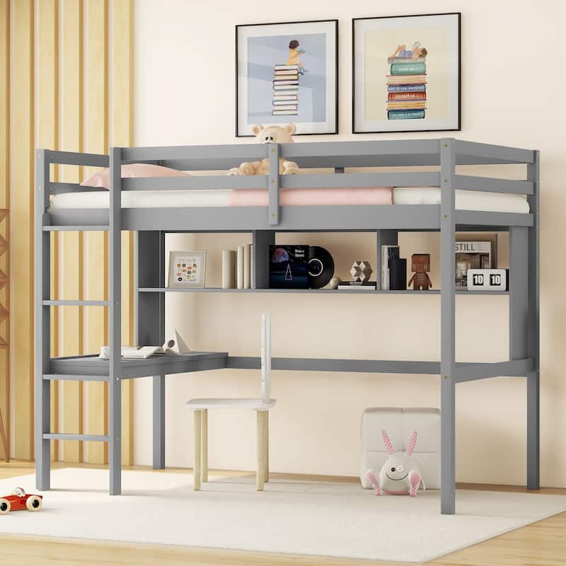 Grey Twin Size Wood Loft Bed with desk and shelves, Safety Guardrail and ladder