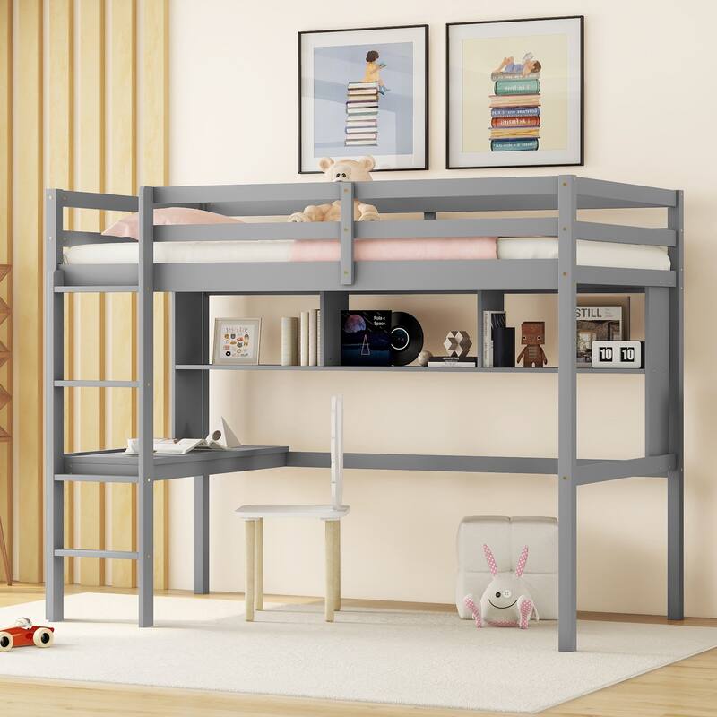Wooden Twin Loft Bed with Study Desk and Storage Shelves, Safety Guardrail and Ladder