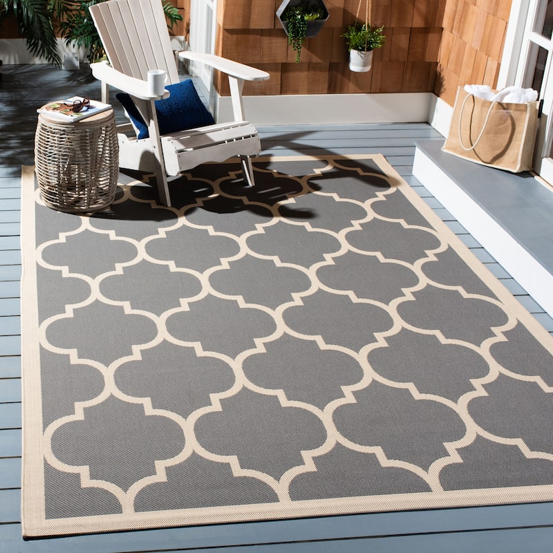 SAFAVIEH Courtyard Kathy Indoor/ Outdoor Waterproof Patio Backyard Rug - 6'7" x 9'6" - Anthracite/Beige