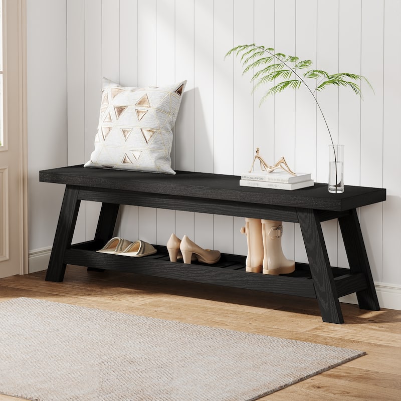 2-Tier Entryway Shoe Bench with Storage, 55-Inch Long Wood Storage Bench for Living Room, Bedrooms