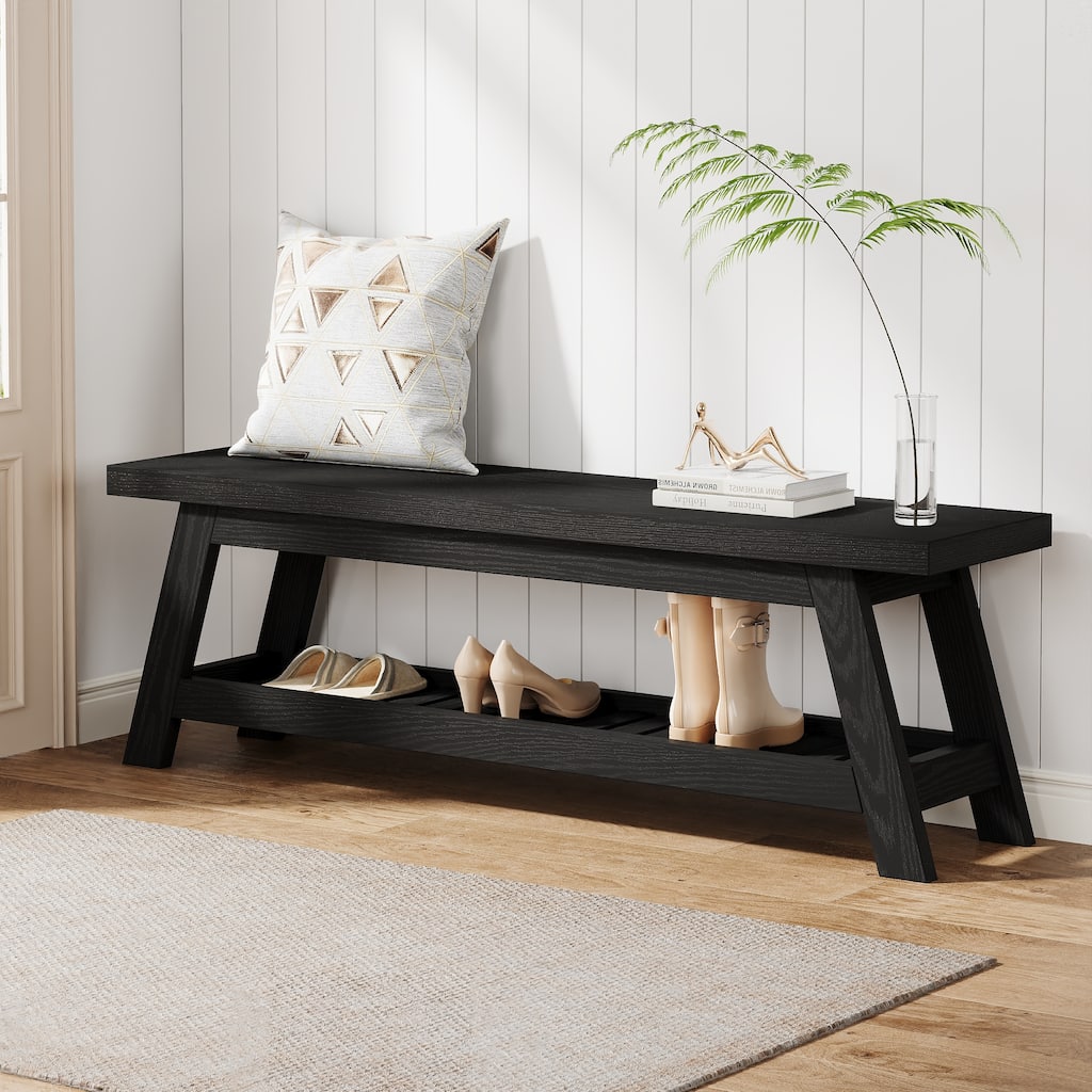 2-Tier Entryway Shoe Bench with Storage, 55-Inch Long Wood Storage Bench for Living Room, Bedrooms