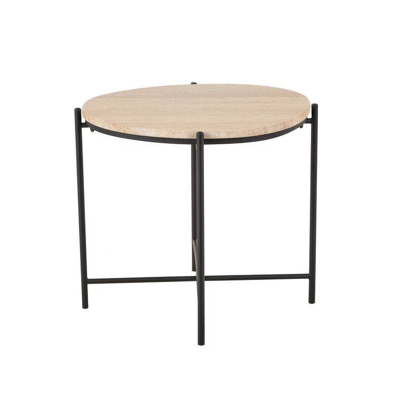 Beige Marble Side End Accent Table with Black Metal Support