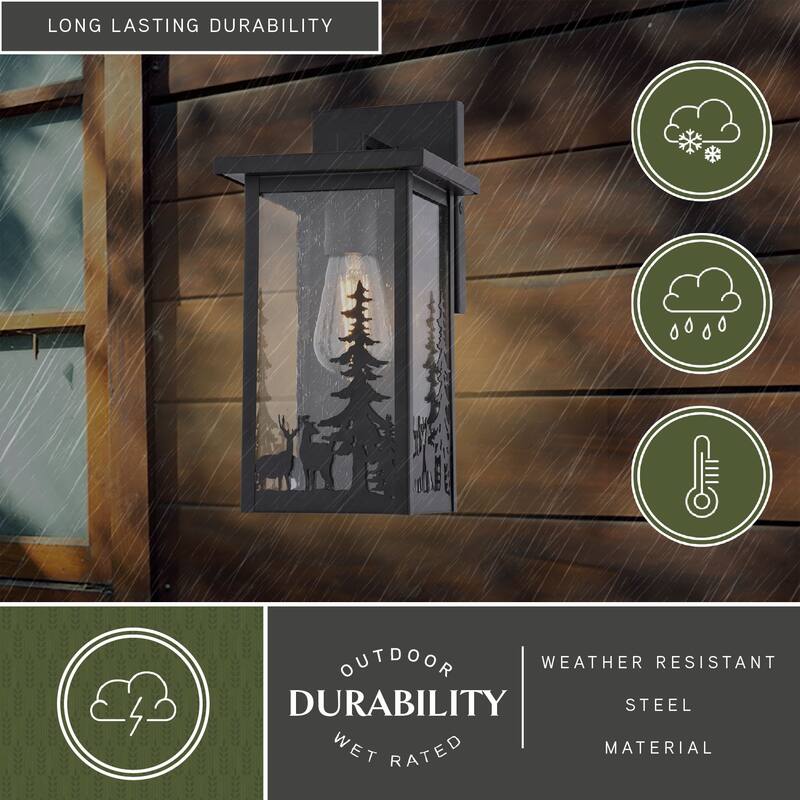 VAXCEL Acadia Matte Black Rustic Wildlife Outdoor Wall Sconce Light Fixture, Steel, Clear Seeded Glass Shade