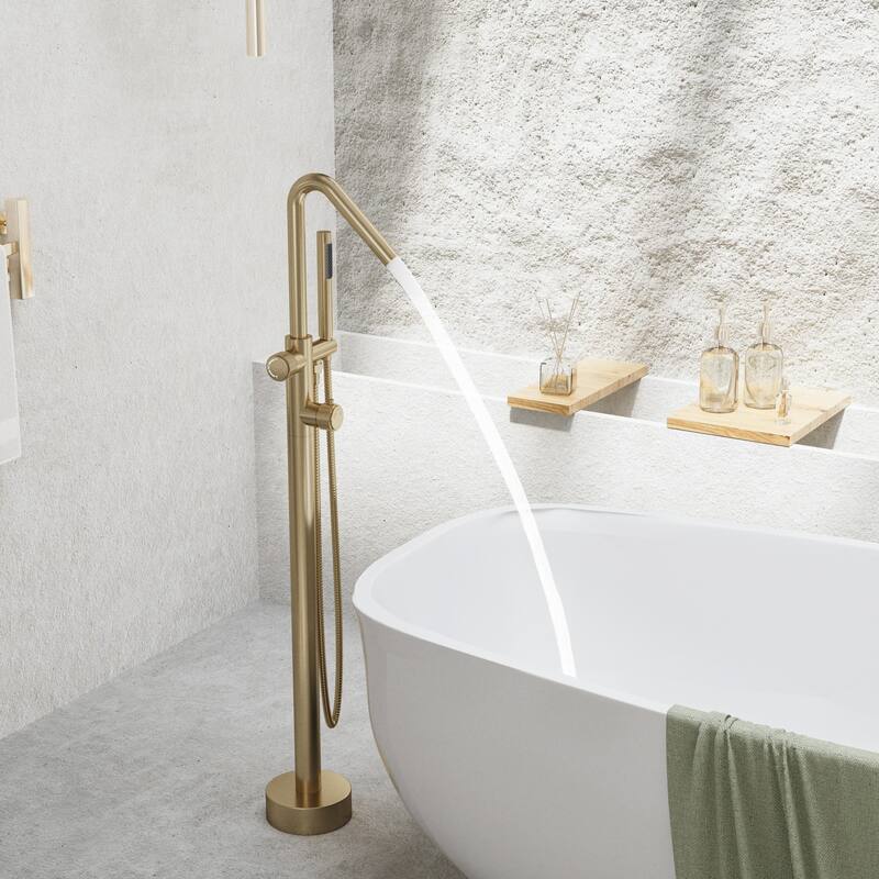 Modland 46''H Outdoor Shower System 316 Stainless Steel Thermostatic Freestanding Poolside Faucet with Swivel Spout - 46'' H - Brushed Gold