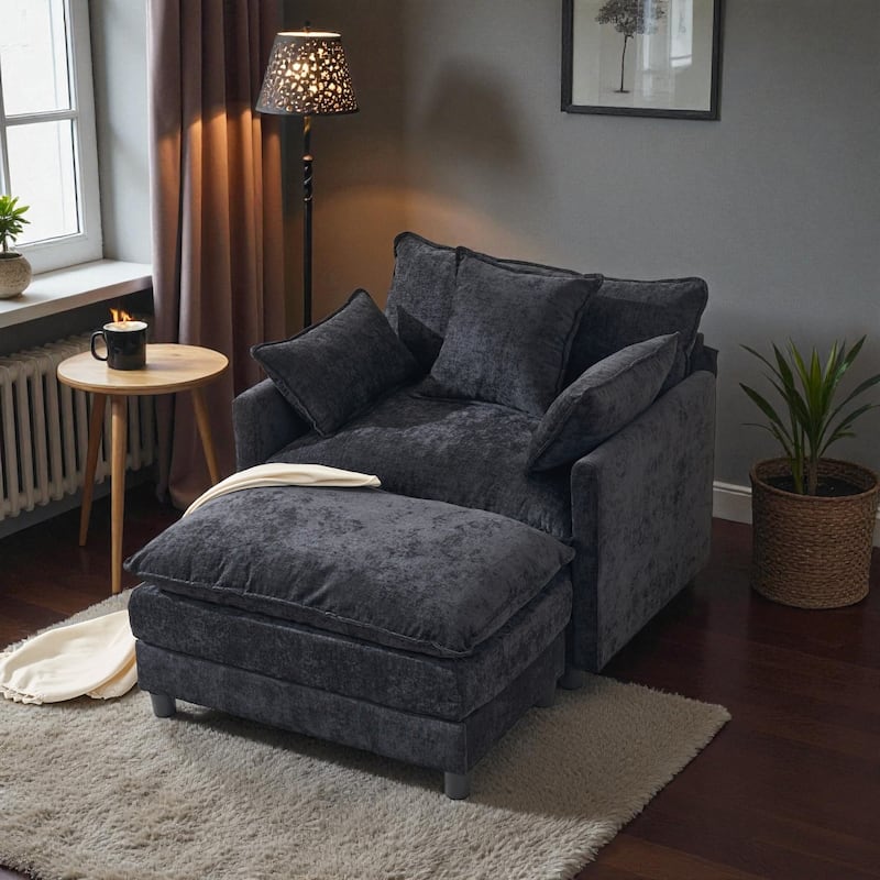 Modern Chenille Accent Chair with Ottoman, Oversized Upholstered Armchair for Living Room & Bedroom Reading