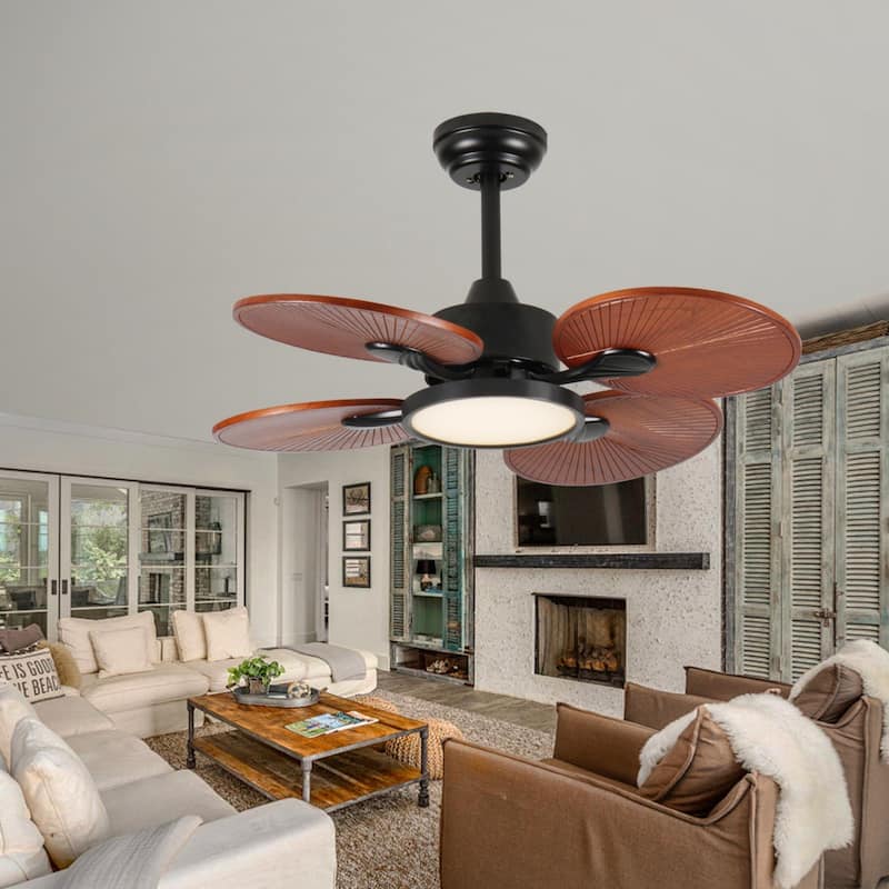 33-Inch Ceiling Fan with Light, 5 Solid Wood Blades, DC Motor, APP & Remote Control, Dimmable Full-Spectrum LED