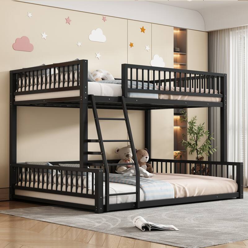 Floor Bunk Bed Heavy Metal Bed Frame with Ladder and Safety Guardrails, Detachable Bunkbeds Design Converts to 2 Platform Beds - Black Full XL Queen - Queen