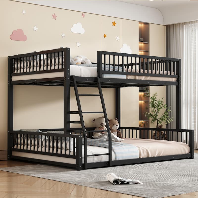 Roomfitters Twin/Full XL over Queen Floor Bunk Bed Frame with Ladder and Safety Guardrails Easy Assembly, Black - Black - Full