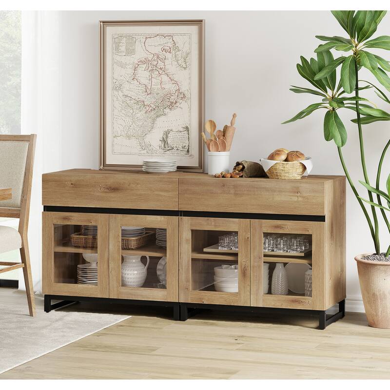 WAMPAT Multifunctional Sideboard Buffet Cabinets with 6 Glass Doors and Drawers, Modern Sideboard, Coffee Bar Storage Cabinet - 2PACK - Oak