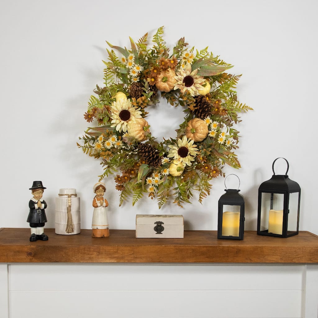 Pumpkins, Sunflowers and Fern Artificial Floral Fall Harvest Wreath - 28"