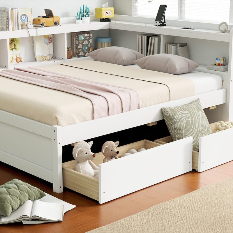 Full Size Bed with L-Shaped Bookcases, Power Outlets, USB Ports and 2 Storage Drawers