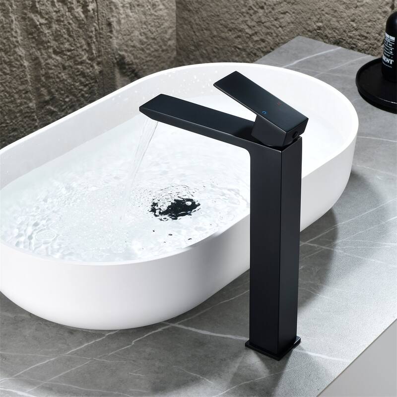 Waterfall Single Handle Bathroom Vessel Sink Faucet with Pop-up Drain 304 Stainless Steel 1 Hole High Tall Basin Vanity Taps
