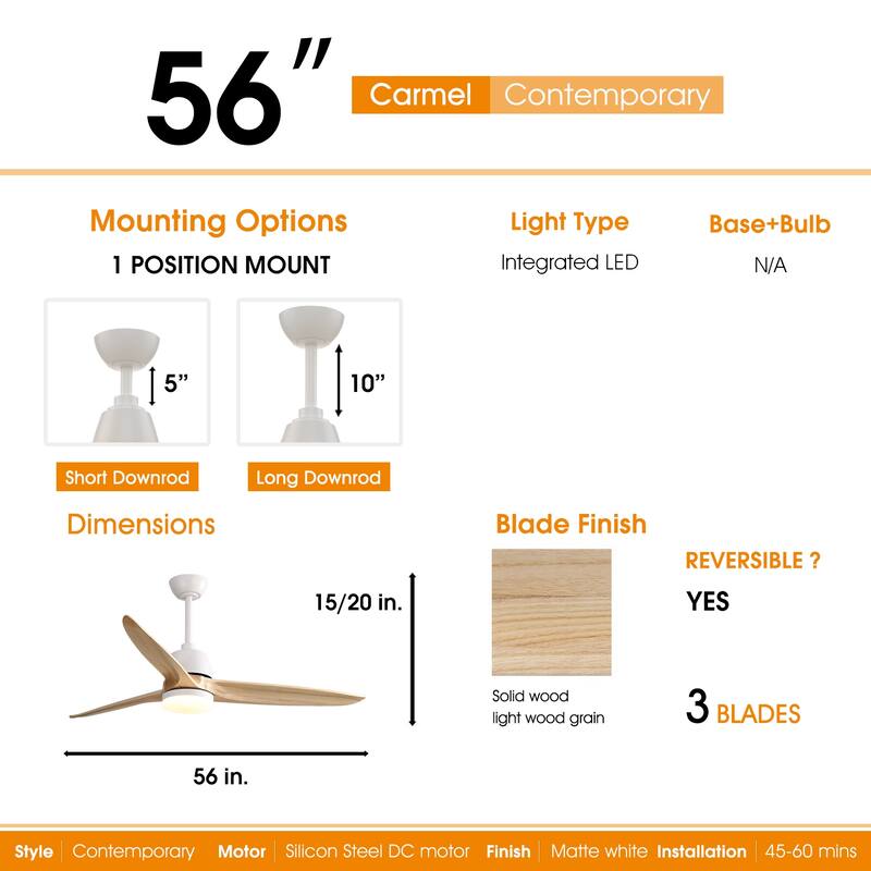 Clihome 56 In. Ceiling Fan Light With Remote Energy-saving DC Motor