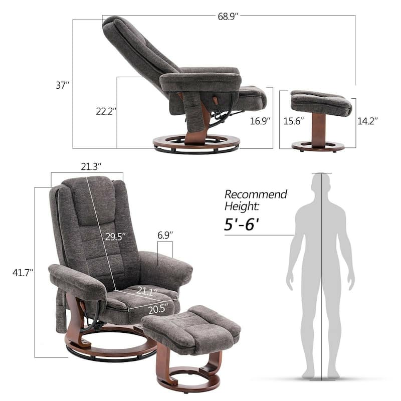 Mcombo Recliner Chair with Ottoman, Fabric Accent Chair with Vibration Massage, Swivel Chair with Wood Base, for Room 9099