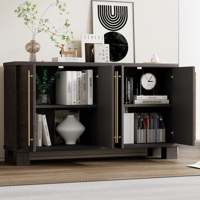 Traditional Style Wood Sideboard Buffet with Adjustable Shelves and Gold Handles