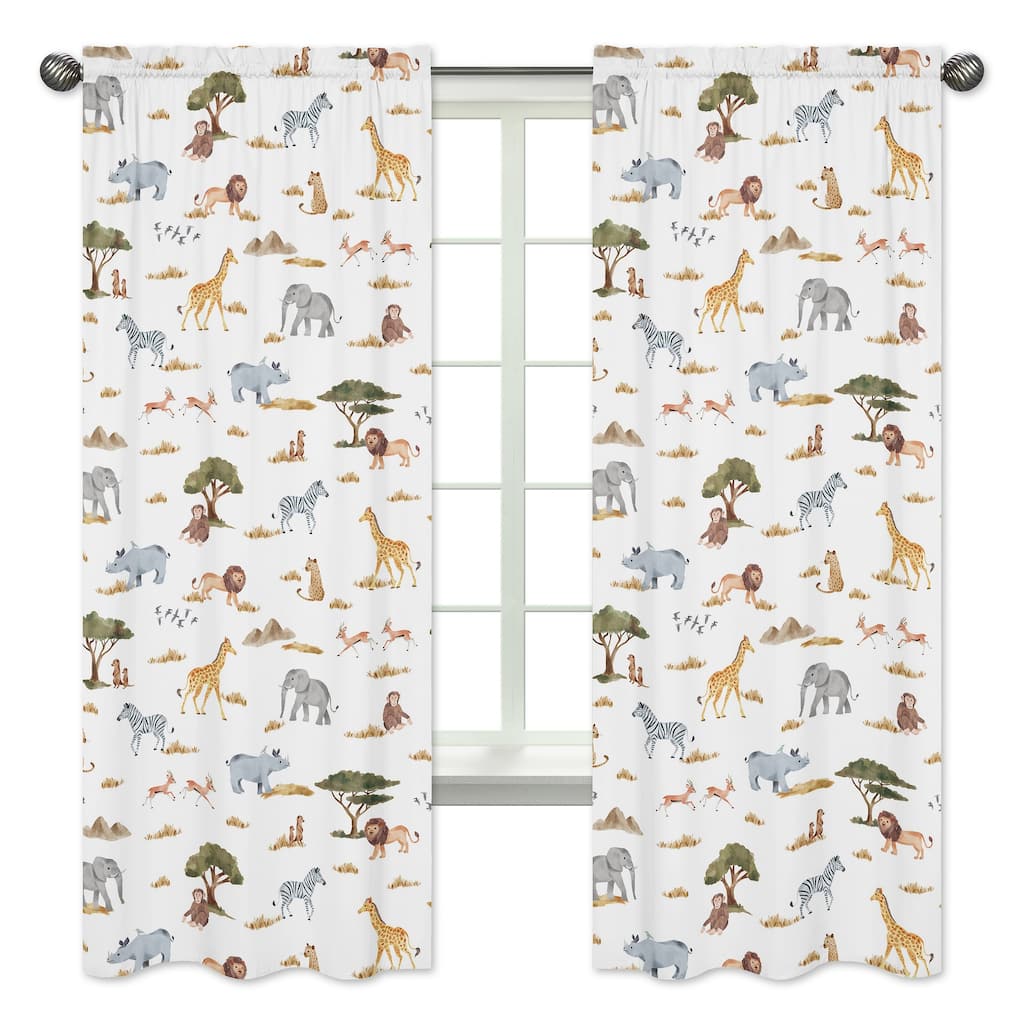 Jungle Animal 84in Window Treatment Curtain Panels Hunter Green Grey Black and White Safari Elephant Giraffe Lion Monkey Leopard