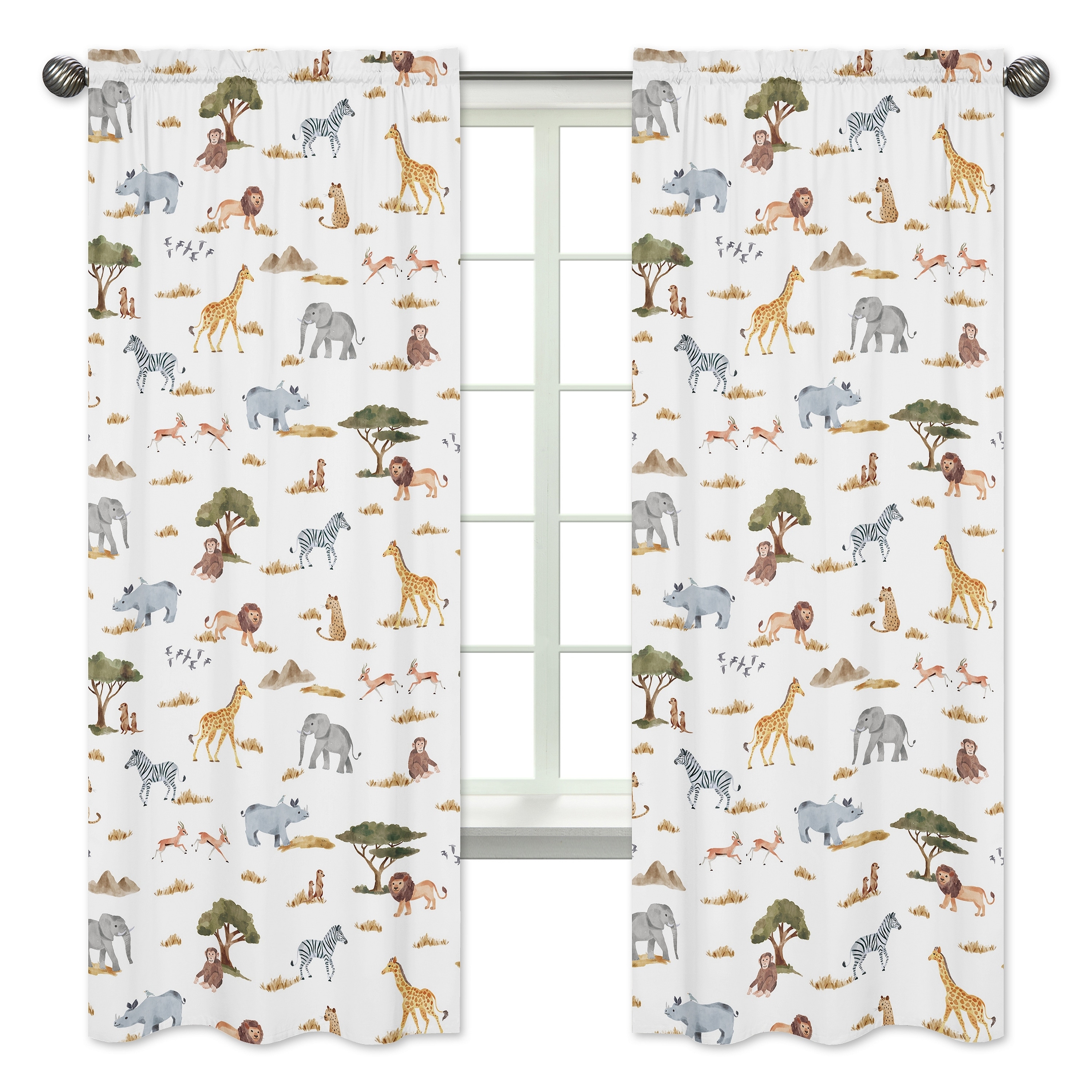 Jungle Animal 84in Window Treatment Curtain Panels Hunter Green Grey Black and White Safari Elephant Giraffe Lion Monkey Leopard