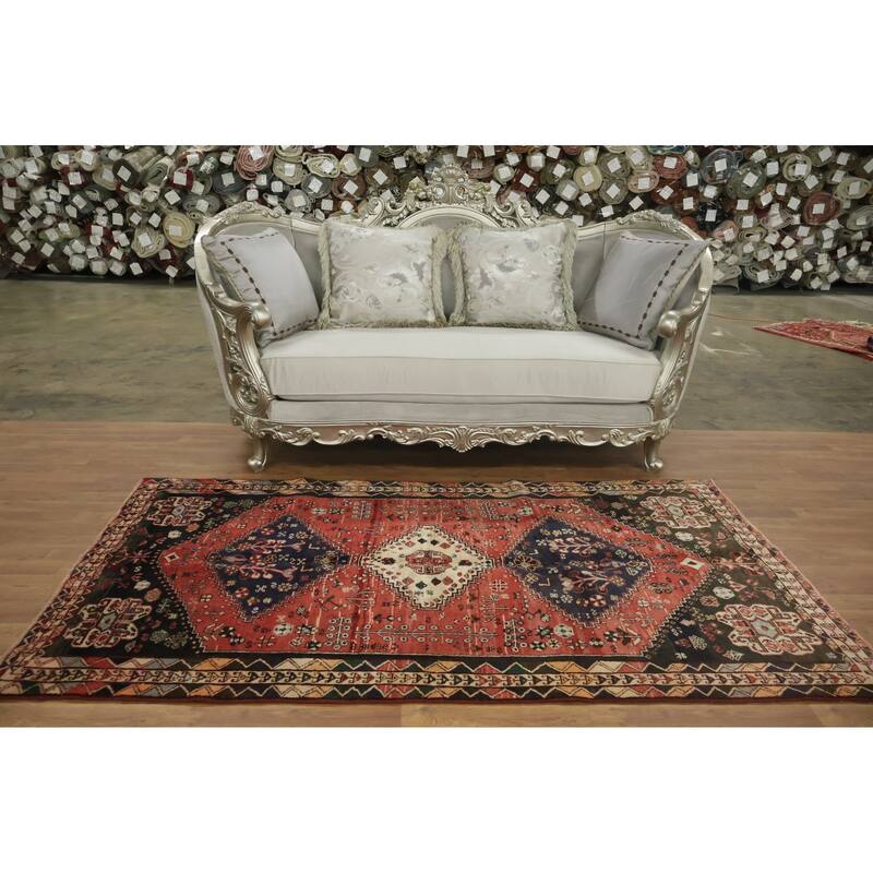 Hand Knotted Oriental 100% Wool Carpet Traditional Tribal Red Shiraz Area Rug - 7' 6'' X 4' 1''