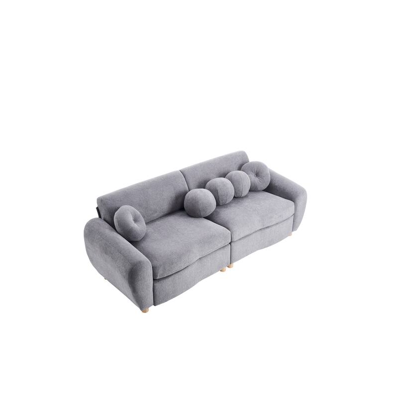 2-seater Loveseat Couch with 5 Toss Pillows and Solid Wood Legs, Chenille Upholstered Sectional Sofa, Easy Assembly,White