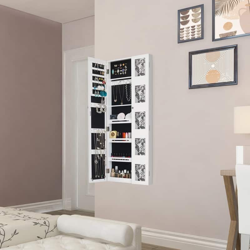 Wooden Wall Mounted Jewelry Armoire Cabinet with Photo Frame White - N/A