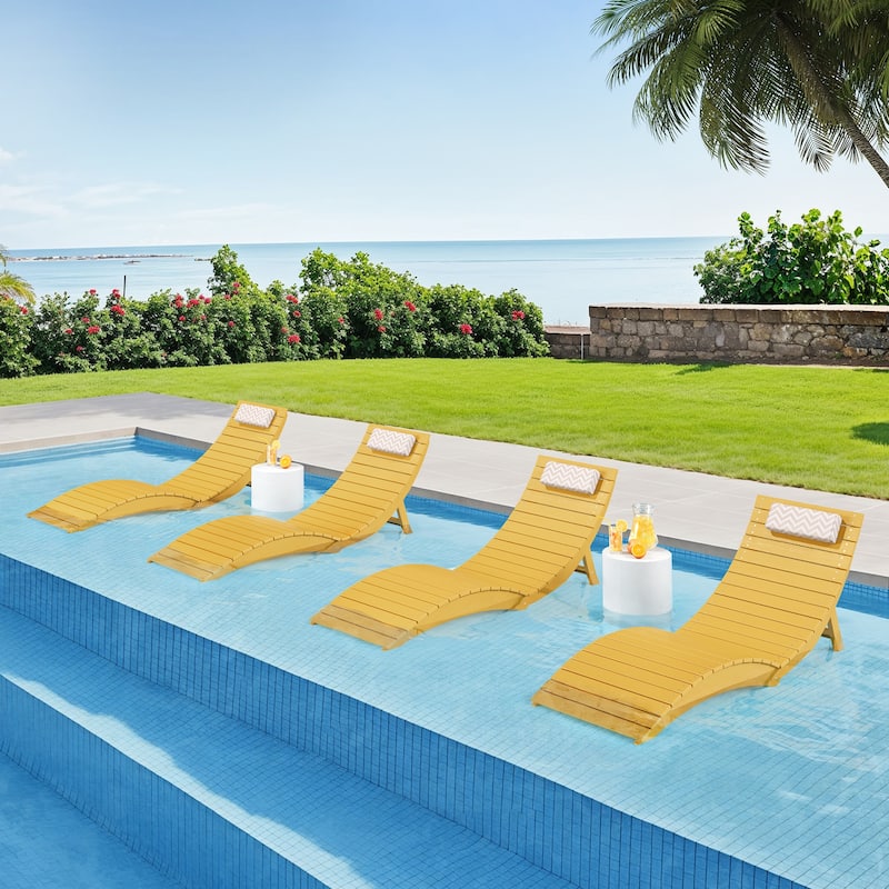 3-Piece Folding HDPS Plastic Outdoor Pool Chaise Lounges with Headrest Cushion - Yellow