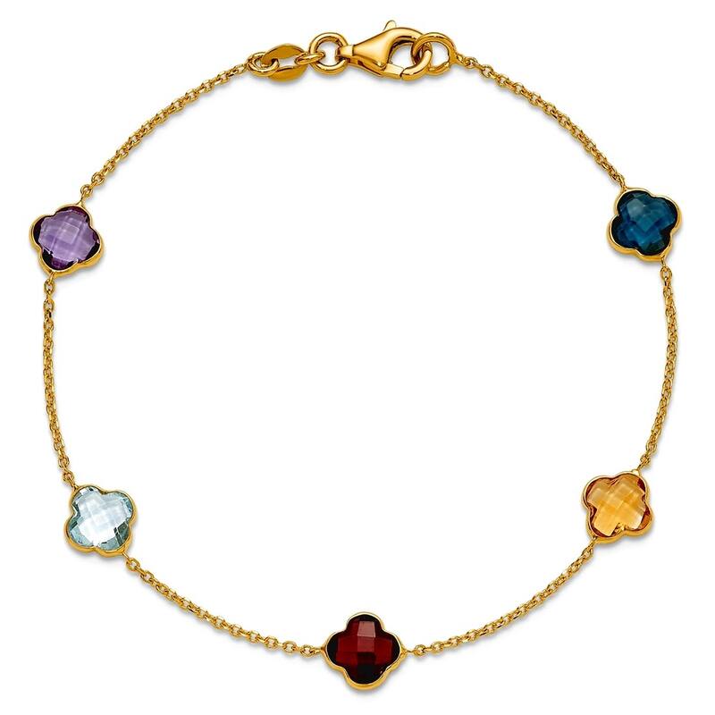 Curata 14k Yellow Gold 7.5" Italian Genuine Gemstone Clover Station Bracelet