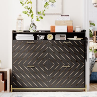 Multiple Storage Space Shoe Rack Cabinet with Upper Open Shelf and Metal Handles