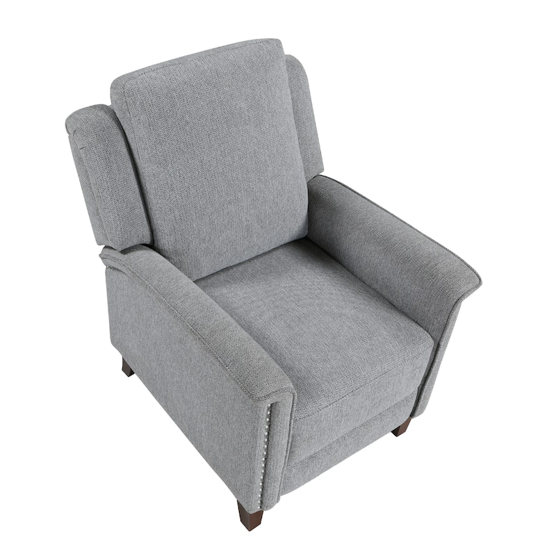 Push Back Recliner Chair, Gray Chenille, Nailhead Trim, Dark Brown