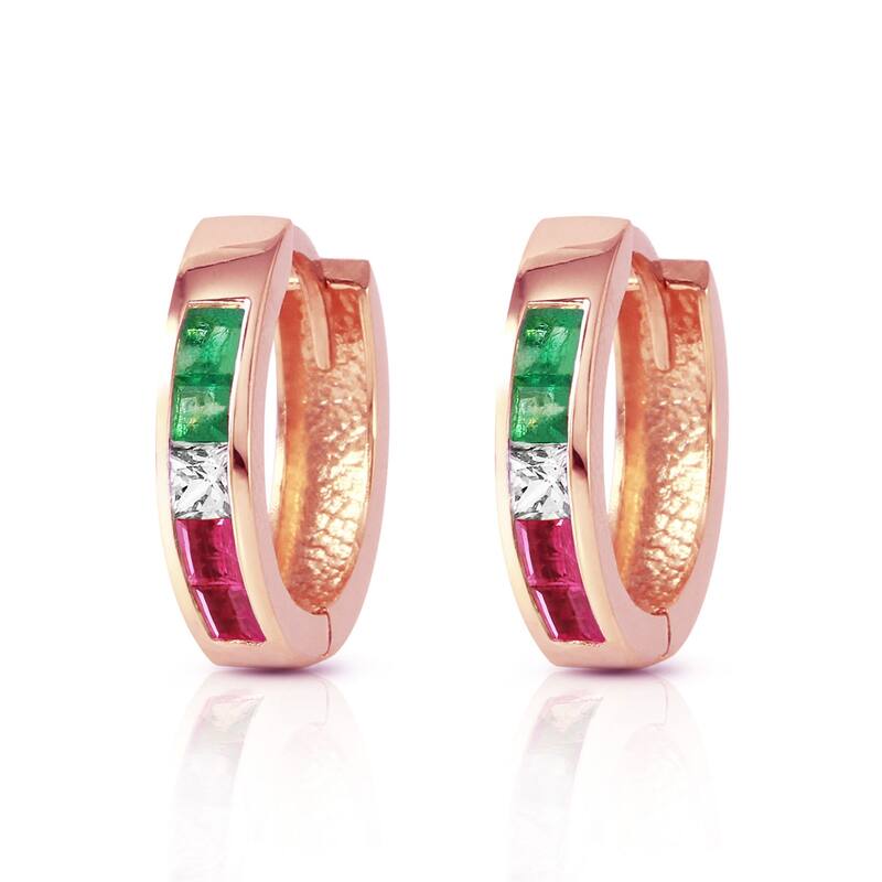 1.28 Carat 14K Solid Gold Tri Gem Round Hoop Gemstone Earrings