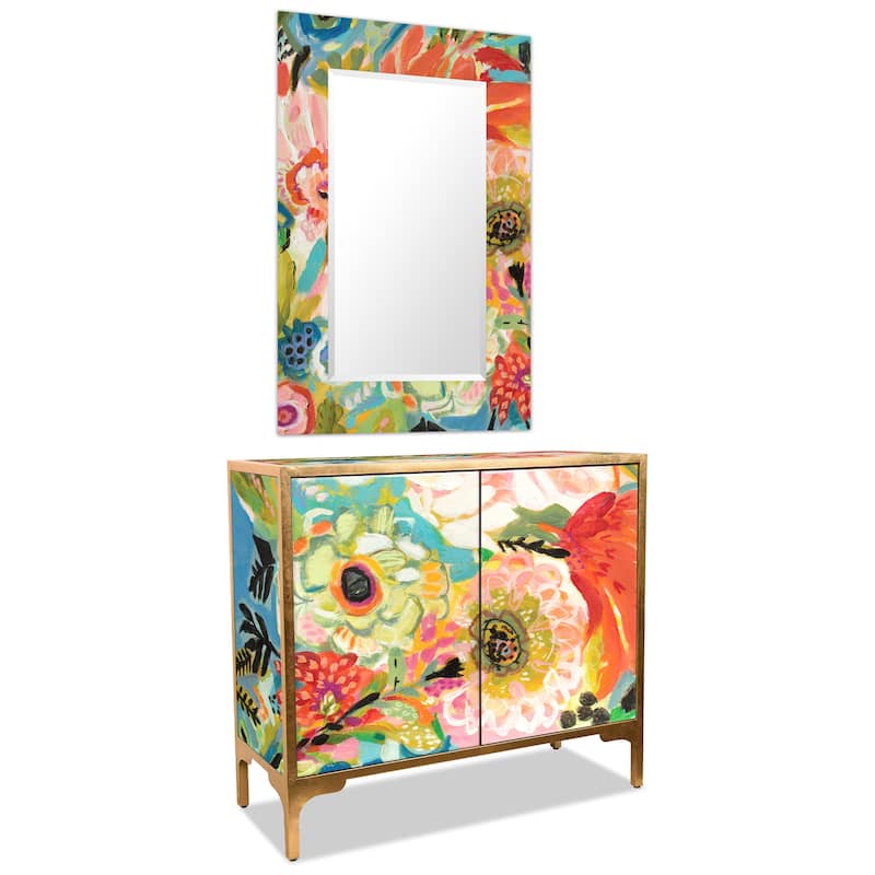 "Secret Garden Floral" Reverse Printed Beveled Art Glass Cabinet Console Table and Mirror Set