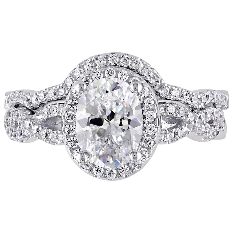 Miadora Sterling Silver Oval and Round-cut Cubic Zirconia Halo Bridal Ring set