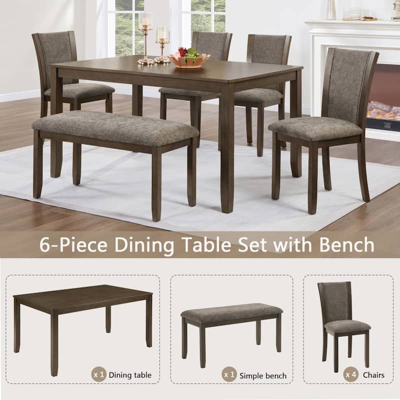 6-Piece Rustic Wooden Dining Table Set with Bench and Chairs