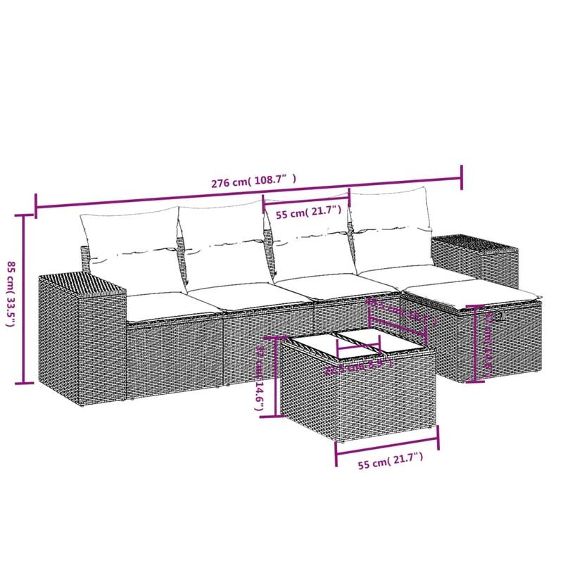 vidaXL Patio Sofa Set with Cushions Outdoor Conversation Furniture Poly Rattan - 21.7" x 24.4" x 27.2"