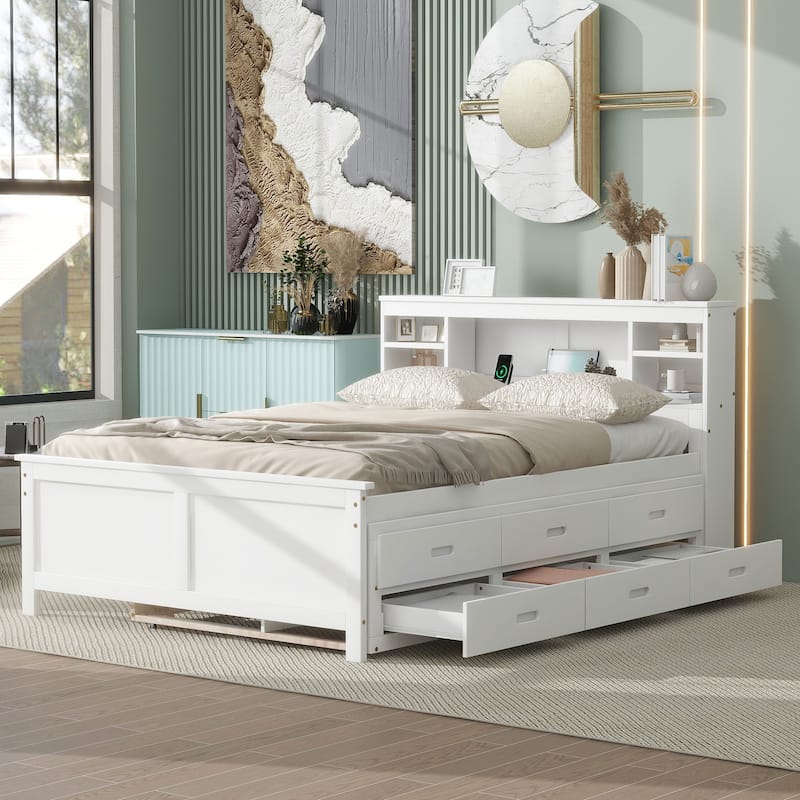 Full Size Platform Bed with Storage Headboard - White