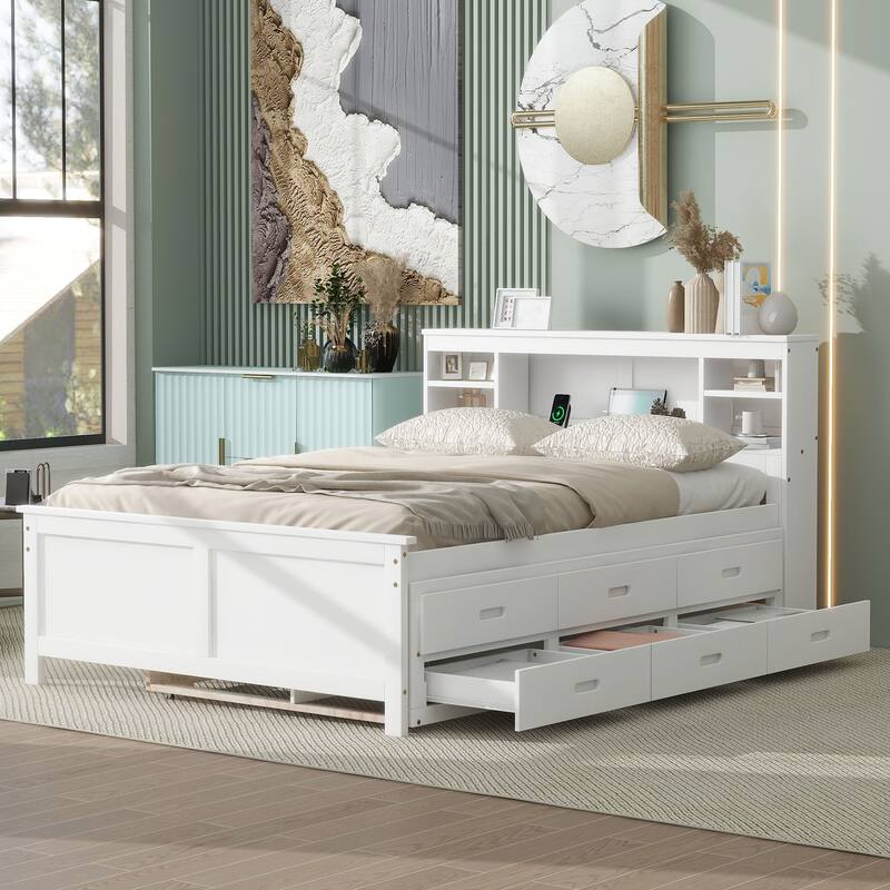 Wooden Platform Bed with Headboard Storage, Trundle and 3 Drawers, Charging Station, Wood Slats Support